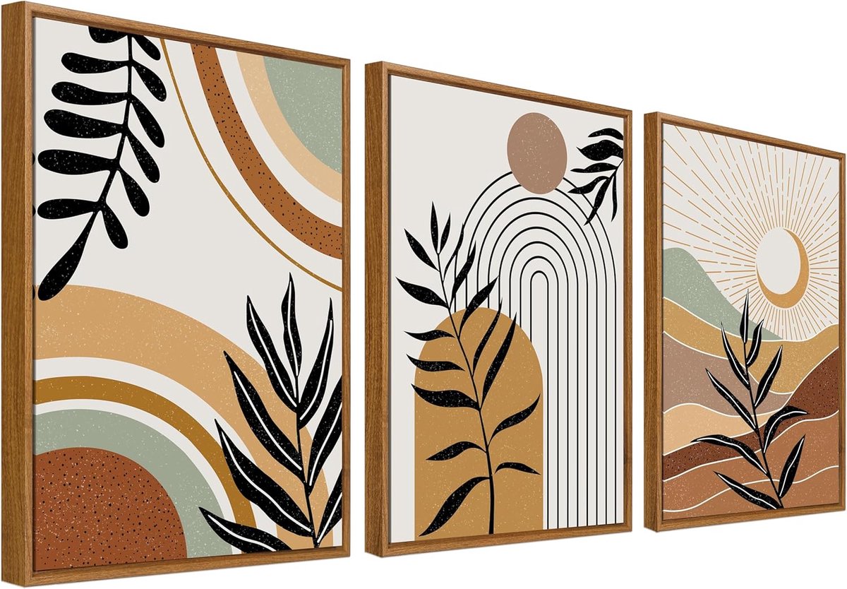 Canvas muurkunst set van 3 boho abstracte schilderijen uit het midden van de eeuw voor muurposter, geometrische lijnen, illustraties, foto's voor woonkamer, slaapkamer, hal, 30 x 40 cm x 3