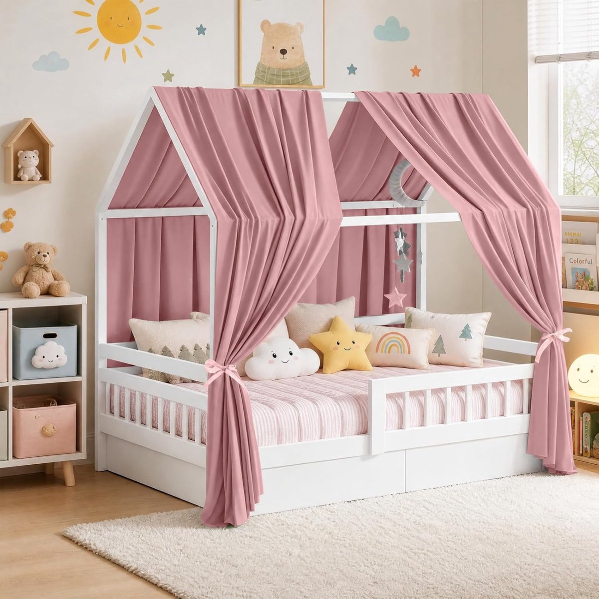 Hemel, 2 stuks, bedhemel, babybed, stoffen luifel voor huisbedden, meisjes, jongens, baldakijn, handgemaakte huisbed, decoratie met stoffen gordijn, bedhemel (roze, 350 x 135 cm
