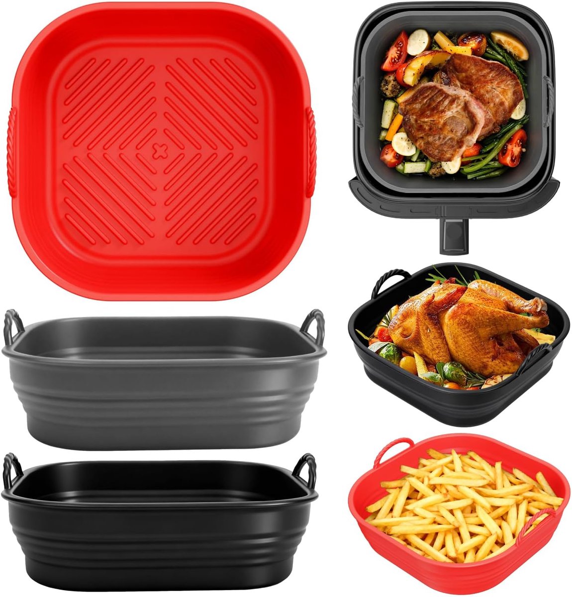 Vorm voor heteluchtfriteuse accessoires, herbruikbaar in plaats van airfryer-bakpapier, siliconen inzetstuk voor airfryer, geschikt voor Ninja, Tefal, Cosori 5-7QT (rood-zwart-grijs)