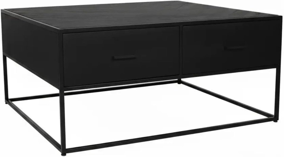 Vierkant industrieel mangohout 100cm Besti zwart visgraat side table 2 lades duurzaam mango hout bijzettafel