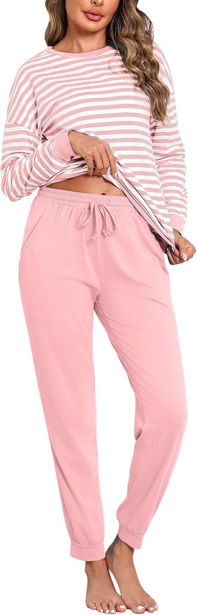 Damespyjama voor de winter, katoen, gestreept, lange pyjama met lange mouwen, nachtkleding, grote maten