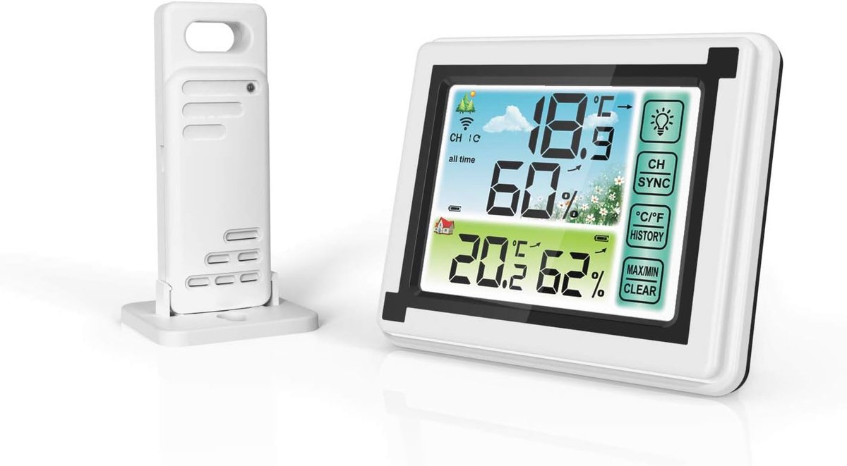 Draadloos weerstation met sensor voor buiten, binnen, digitale thermometer, hygrometer met groot lcd-scherm voor thuis en op kantoor