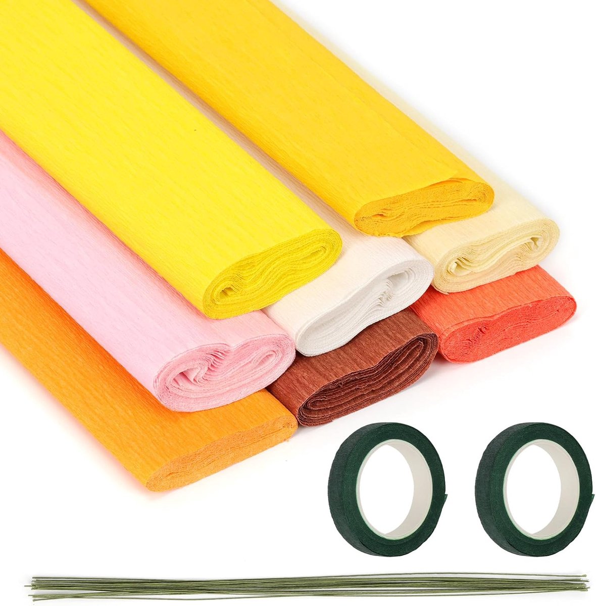 Crêpepapier rollen kit voor doe-het-zelf bloemen maken, inclusief 8 rollen 25 cm x 2,5 m crêpepapiervellen, 20 stuks 40 cm groene bloemendraad, 2 rollen tapes voor