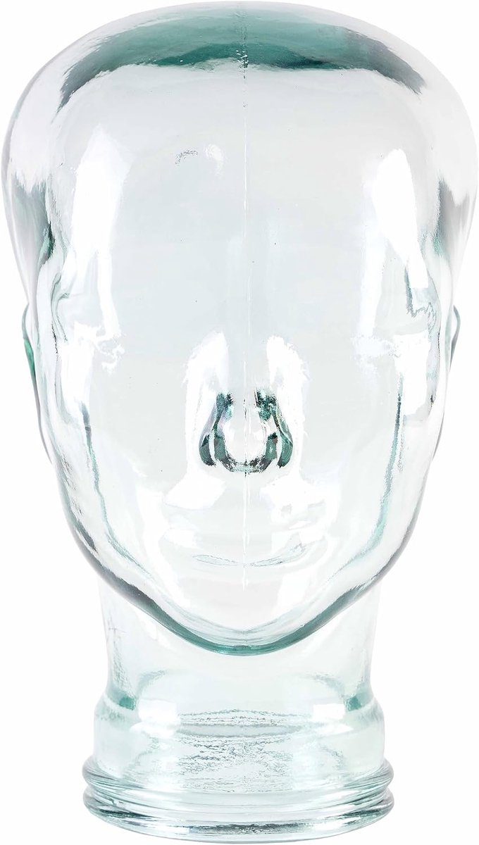 Mannequinkop, kop van gerecycled glas, display voor glazen accessoires, hoedenstandaard, mutsen, helmen en meer, gemaakt van gerecycled glas.