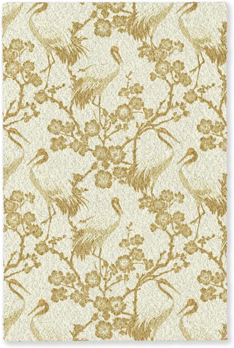 Vloerkleed Rechthoekig 150x230 cm Carpet Rug Woonkamer Slaapkamer Keuken Tapijt Kleurrijk Modern Antislip Geluidsabsorberend XXL Kraanvogels - Kersenbloesem - Goud