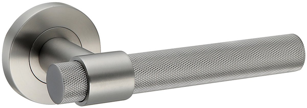 Deurkruk (2x) Ambra rond massief geribbelde diamant greep 20mm met een schroefrozet gun metal PVD gecoat | Ronde deurklinken