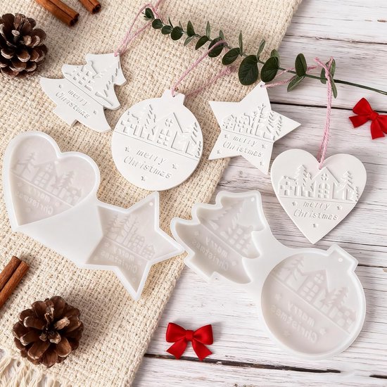 2 stuks siliconen vormen voor Kerstmis, gietvormen herfst, met dennenboom, ster, hart, gipsvormen om te gieten, kerstdecoratie hanger — afbeelding 5