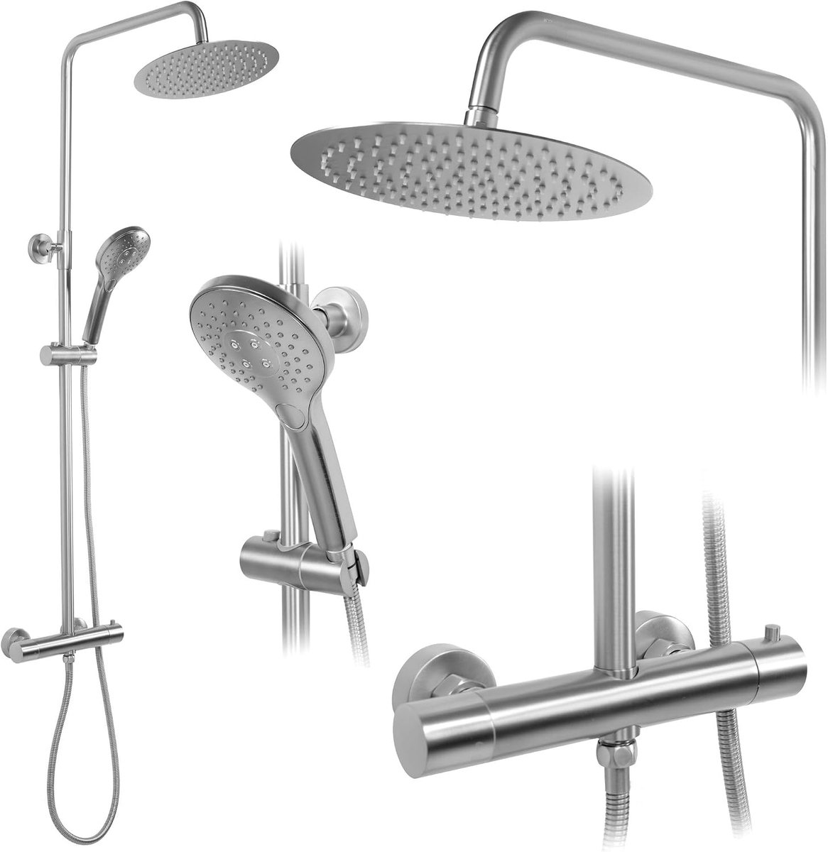 Douchesysteem met thermostaatkraan VINCENT NIKKELBORSTEL INOX doucheset douchekraan met douchekop en hoofddouche van messing doucheset voor badkamer (geborsteld staal)
