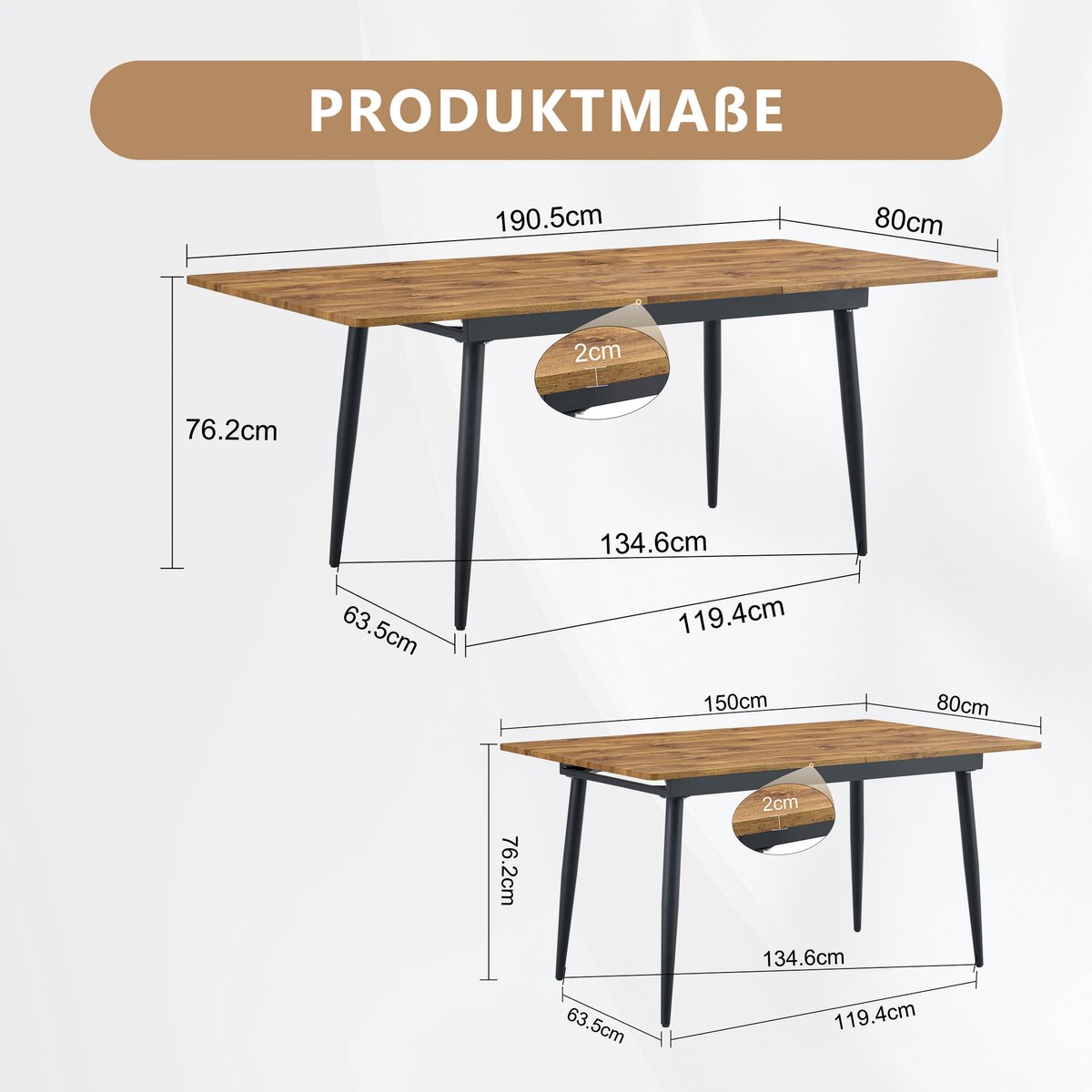 Eettafel Rechthoekig - Houtlook Met Zwarte Metalen Poten - Modern Industrieel Voor Woonkamer En Keuken - 190,5 Cm En 150 Cm - Wood