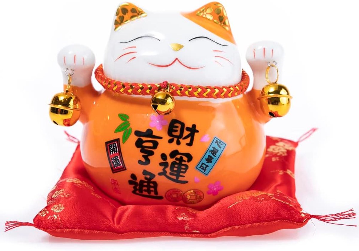 Lachineuse - Kat Maneki Neko – Japanse geluksspaarpot – Aziatische tradities – kleur oranje – porselein – decoratie-idee en cadeau Japan Azië – bescherming, geluk en geluk