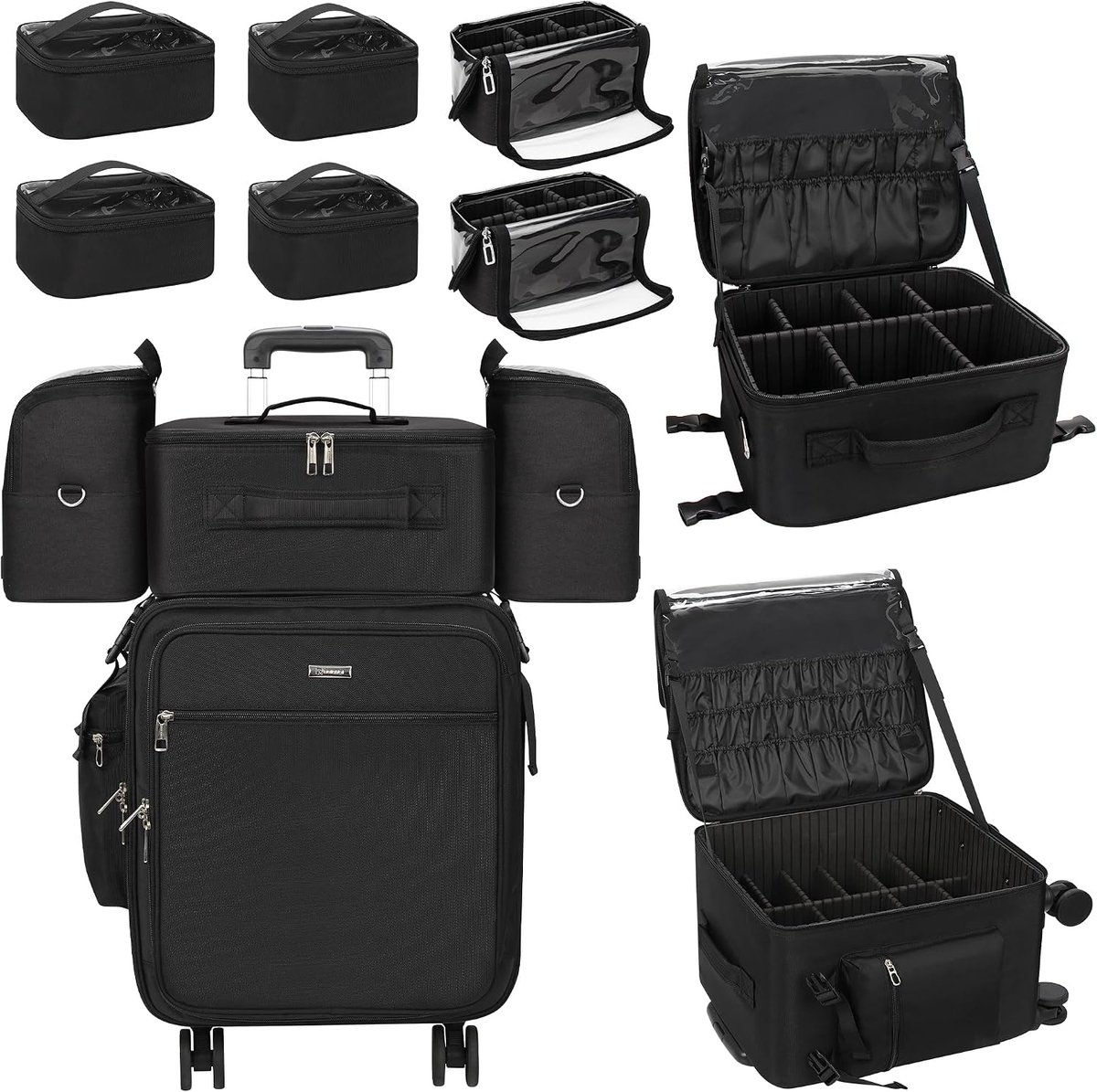 Make-upkoffer, professionele make-up-reiskoffer, make-up artiest reistas met wielen, 8-in-1 draagbare beauty-trolley voor het opbergen van cosmetica (zwart)