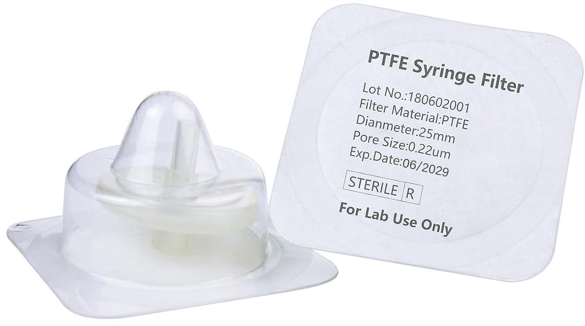 Filters PTFE 25 mm diameter 0,22 μm poriëngrootte afzonderlijk verpakt, HPLC- en GC-naaldfilter, laboratoriumfiltratie met hoge doorvoer, 20 stuks