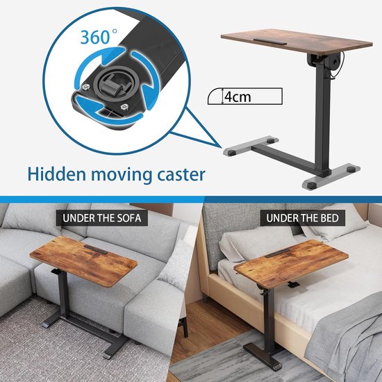 Mobiel sta-bureau, 71-107 cm hoogte verstelbare bijzettafel met omkeerbaar tafelblad, mobiele laptoptafel met wielen, 77x40 cm overbed tafel voor kantoor, ziekenhuis en woonkamer (walnoot) — afbeelding 3