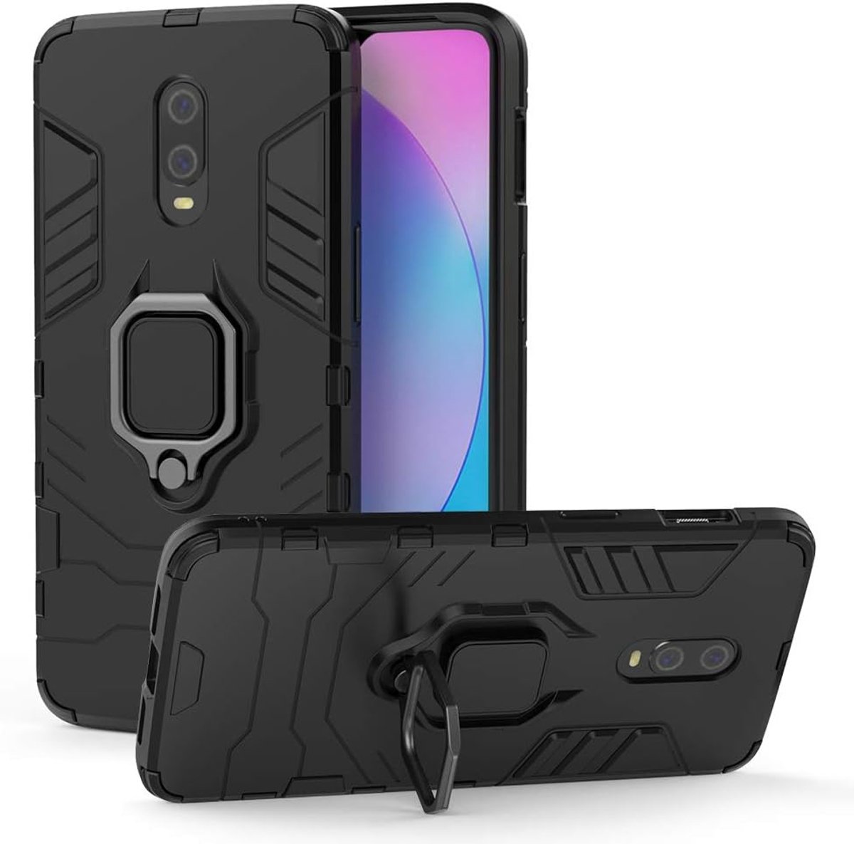 Hoesje Compatibel Met Oneplus 7/6T Cover Vinger Ring Grip Beugel Standaard Metalen Houder Siliconen PC Hybride Armor Dual Layer Krasbestendig Volledige Bescherming Zwart