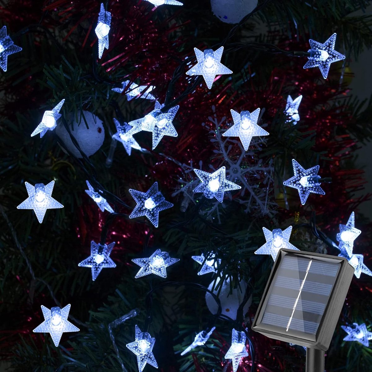Lichtsnoer op zonne-energie, voor buiten, 100 leds, 12 m, sterren, kerstboomverlichting voor buiten, IP65 waterdicht, lichtketting, 8 modi, kerstverlichting voor tuin, terras, bomen, feest, bruiloft