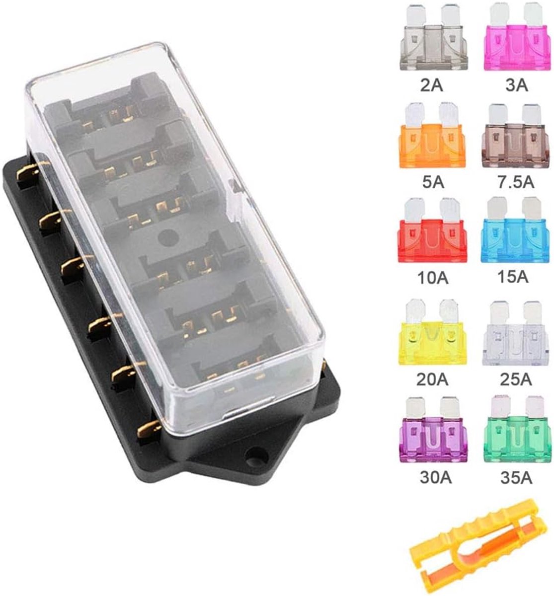 6-weg zekeringhouder voor auto, waterdicht, 12 V/24 V/32 V/48 V, standaard zekeringen, met 10 zekeringen (2A/3 A/5 A/7,5 A/10 A/15 A/20 A/25 A/30 A/35 A)