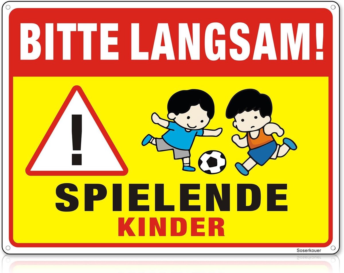 Waarschuwingsbord voor kinderen, reflecterend aluminium, spelend waarschuwingsbord voor kinderen, 40 x 30 cm, langzaam rijden, groot waarschuwingsbord met uv voor buiten, binnen, metaal (geel