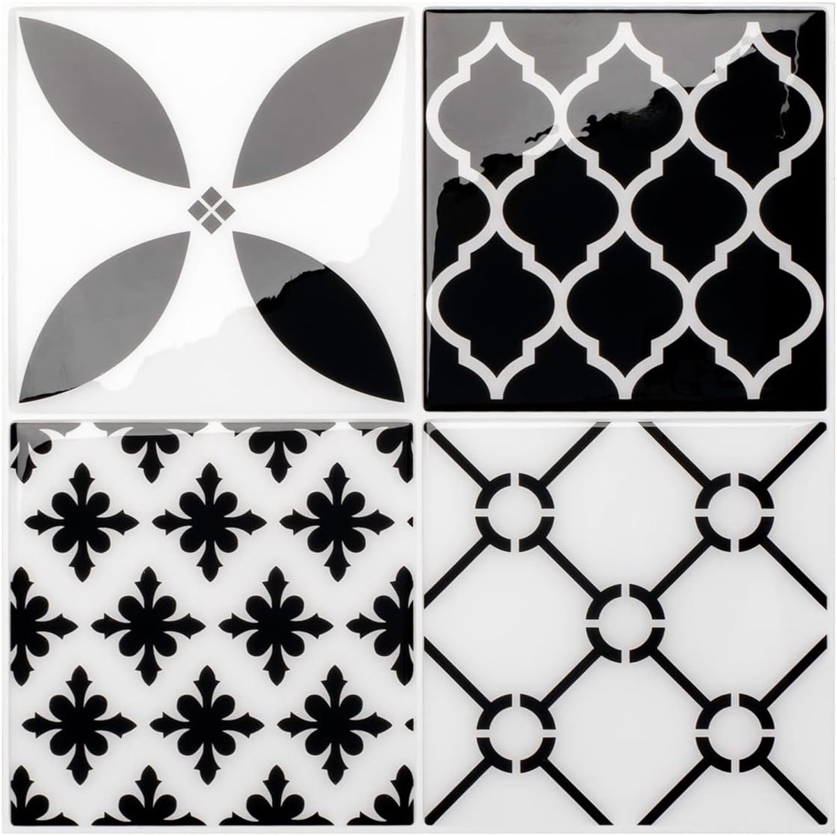 Tiles Plaktegels Zelfklevend, Vierkant Zwart-Wit, 22,86x22,86 cm | Set van 5 (0,26 m²), Glanzend, Hitte-/vochtbestendig, Laag VOC, Keuken/Badkamer, Ideaal voor huurders, Gemaakt in Canada