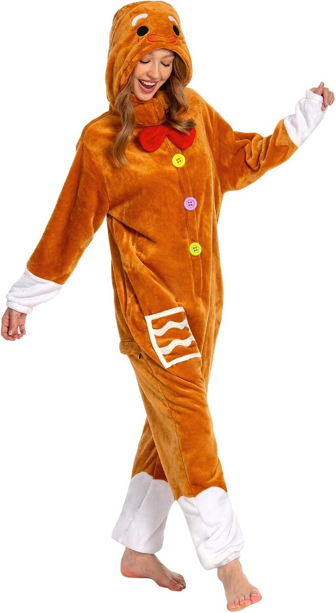 Volwassenen Onesie Kerst Peperkoek, Zachte Fleece Unisex Slipjas voor Carnaval, Kerst, Halloween