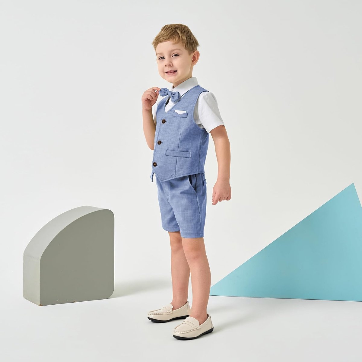 Babypak voor jongens, zomers pak vest hemd met vlinderdas + shorts voor feestelijke bruiloft kleding set 4-delig