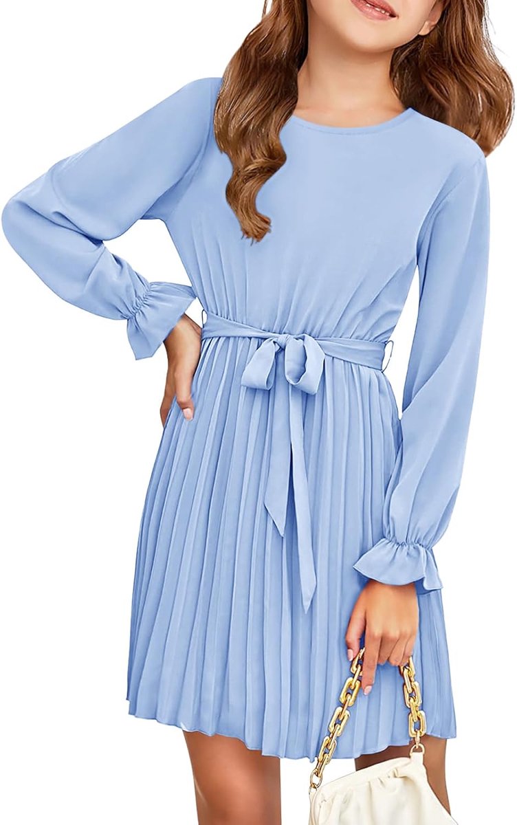 Elegante meisjesjurk met lange mouwen, A-lijn, plooirok, ronde hals, vloeiende midi-jurk