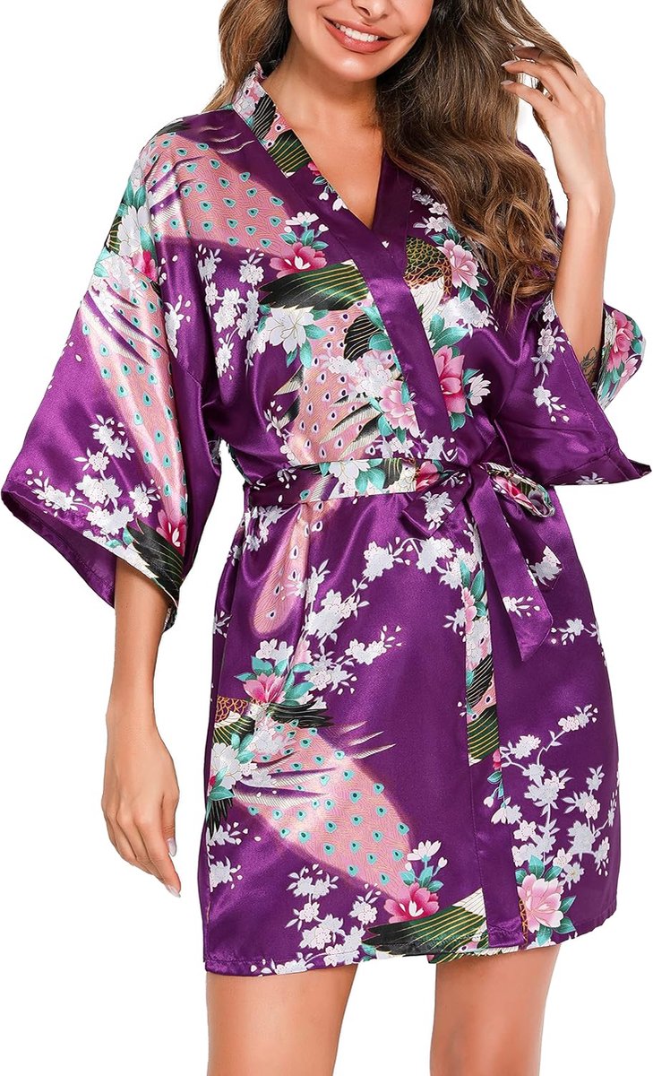 Kimono satijnen ochtendjas met korte V-hals, badjas met riem, kimono voor dames, paars, S