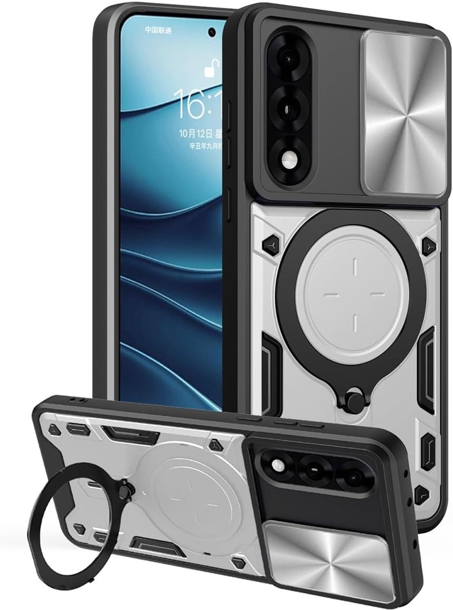 Beschermhoes voor OnePlus Nord 5 5G, ultradun, schokbestendig, beschermhoes met cameraafdekking en magnetische houder, premium PC + TPU, duurzaam, zilveren behuizing