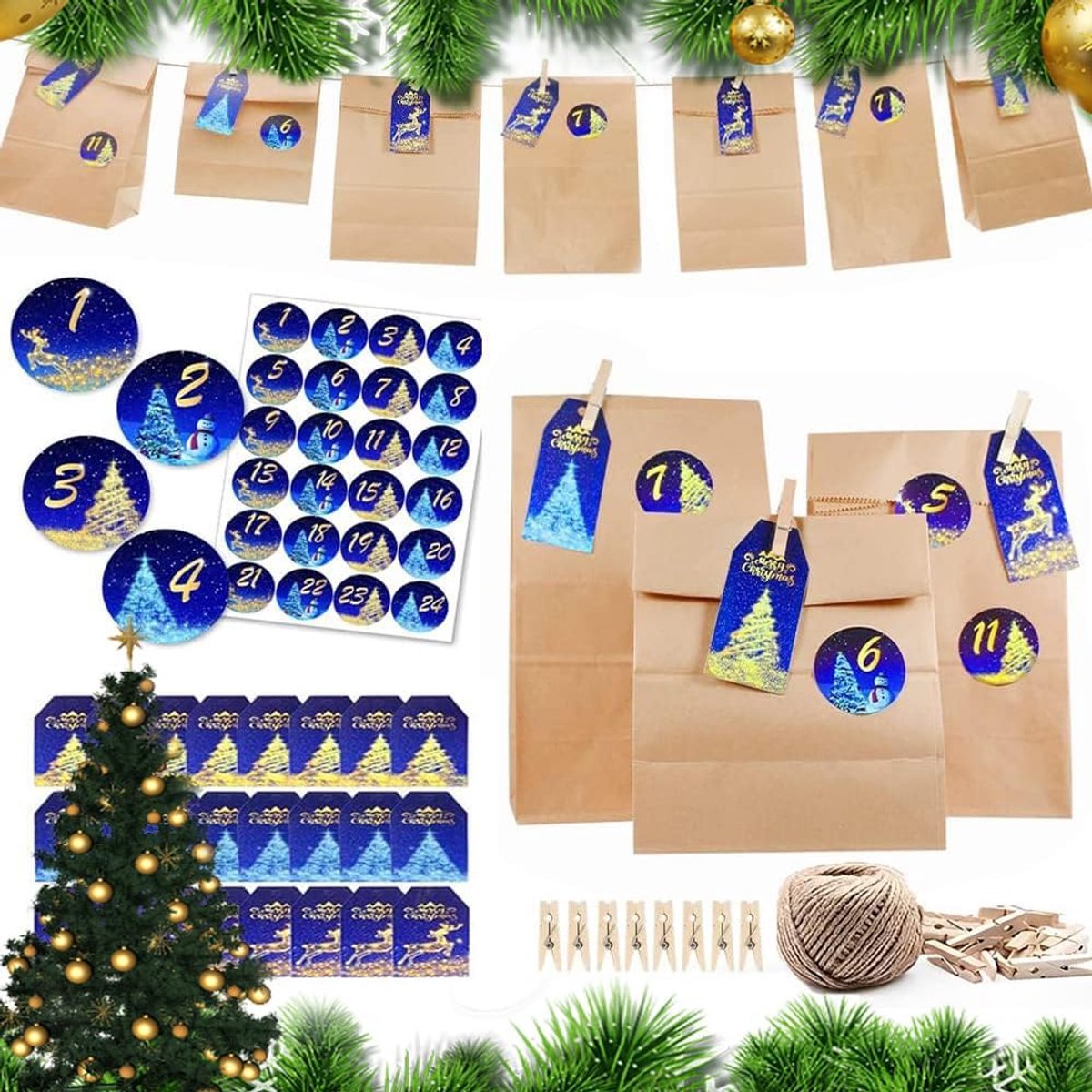 Adventskalenders om te vullen, kerstkalender zakjes adventskalender 2022 om te vullen, met 1-24 cijferstickers en kerstcadeauzakjes voor kinderen en meisjes