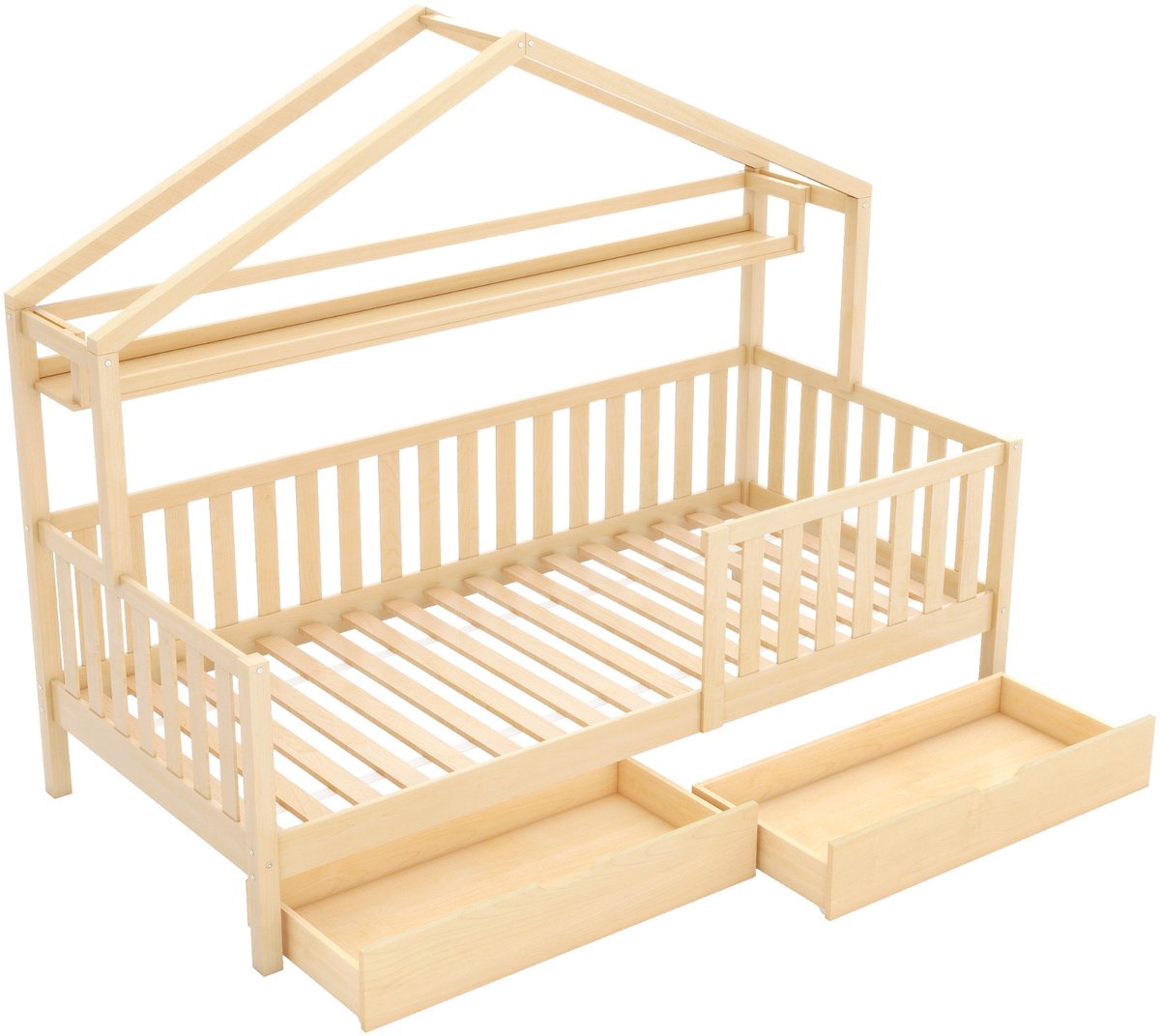 MUVANO Kinderbed hout - Huisbed 90x200 - Massief houten bed - Grenenhout - Lattenbodem - Opbergruimte - Stevig - Veilig - Kinderkamer - 90x200 cm - 2 lades - Natuur