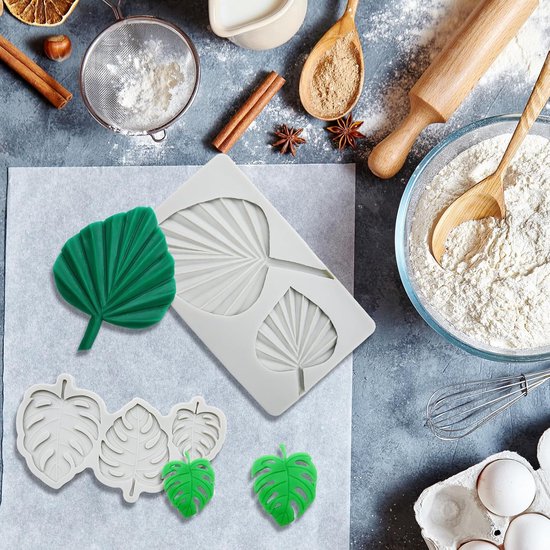 2 stuks 3D-siliconen vormen, bladeren, fondant, zelf gemaakt monstera-blad, gebruikt voor doe-het-zelf handwerk, brood, chocolade, suiker, flippping, gelei, zeep, taartdecoratie (grijs) — afbeelding 4