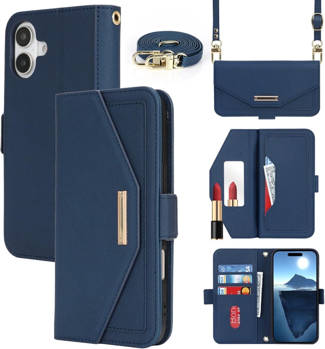 Beschermhoes compatibel met iPhone 17, beschermhoes met koord, flip portefeuille, leer, [5 kaarthouders] [spiegel] [magnetisch] [verstelbare ketting] beschermhoes compatibel met iPhone 17, blauw