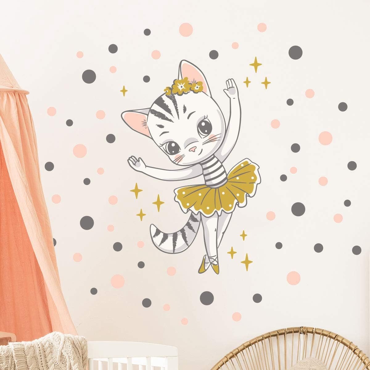 Muursticker kinderen - babykamer - muursticker kinderen - muurtattoo kat ballerina + 100 kleurrijke cirkels - muursticker meisjes - H45 x L30 cm