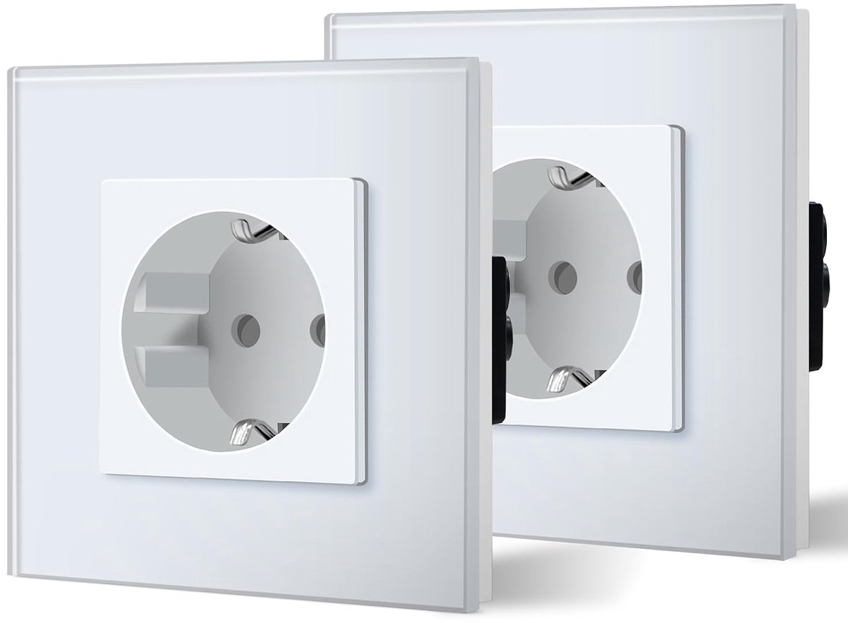 Standaard Schuko-stopcontact met glasplaat, 16 A, eenvoudige installatie, 86 mm, wit, 2 verpakkingen