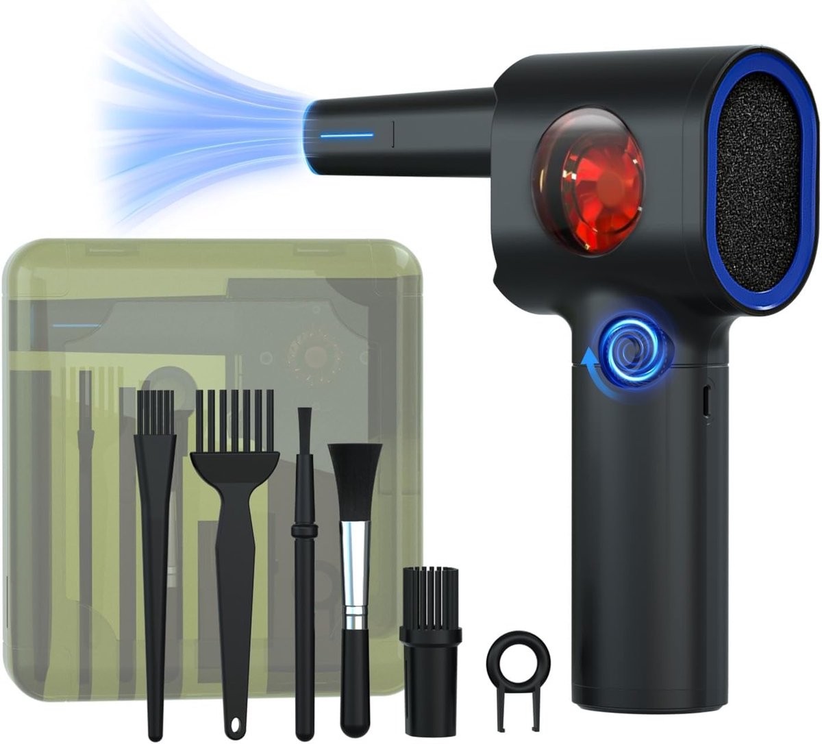 Perslucht-stofblazer, traploze snelheid, elektrische stofblazer met opbergkoffer, persluchtspray met led, 6 accessoires, luchtblazer voor auto, pc, thuis | 6 accessoires vervangen bliklucht, toetsenbordreiniger voor auto, pc, thuis