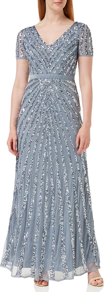 Deluxe Maxi dames verfraaid pailletten jurk lange korte mouw V-hals hoge Empire taille een cut glanzend prom bruiloft bruidsmeisje, Dusty Blauw, 44