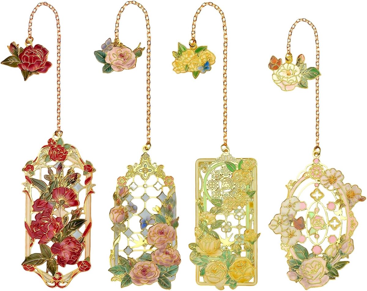 4 stuks metalen bladwijzers met bloemen, ideaal cadeau voor leesliefhebbers, cadeau voor bibliotheekwormen, literaire lezers, wit, geel, roze, rood