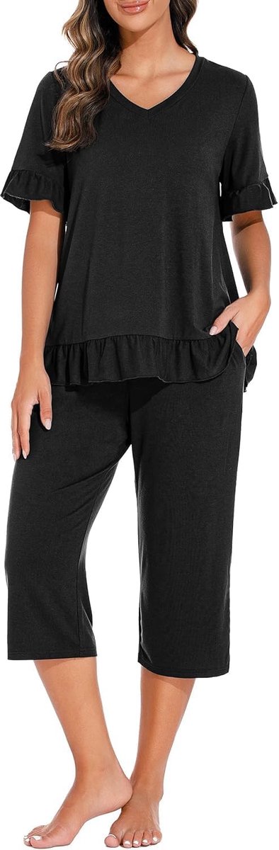 Pyjama voor dames, V-hals, korte mouwen, bovendeel en 3/4 lange broek