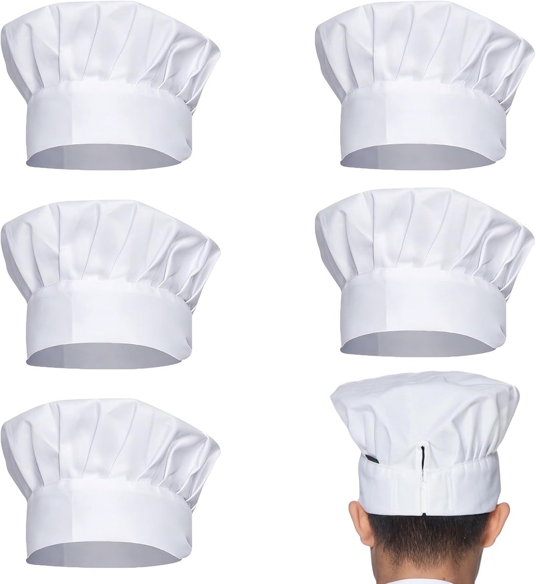 6 stuks witte koksmuts: verstelbaar, chef-kok, dames, heren, uniseks voor bakken, hotel, gastronomie, huis, keuken, school en restaurant