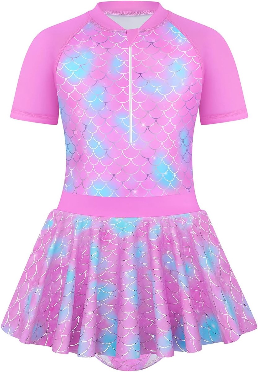 Badpak voor meisjes, eendelig, korte mouwen, kinderzwempak met rok, visschubben, meisjes, strand, badmode voor 4-12 jaar/104-152 cm