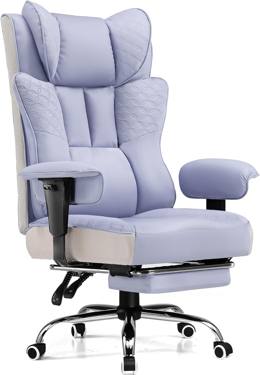 Grote en hoge bureaustoel, brede ergonomische gamingstoel met luxe reliëf, ontworpen leer met voetsteun, 150 ° verstelbare zachte armleuningen, pocketveer rugsteun en kussen