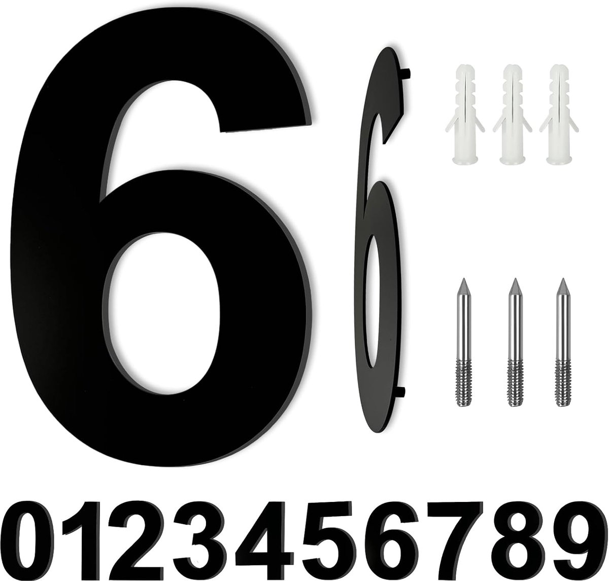 Huisnummers Voor Buiten, 8 Inch (10 cm), Modern Groot Metalen Huisnummer, Roestvrij Staal Signaal 6, Zwart