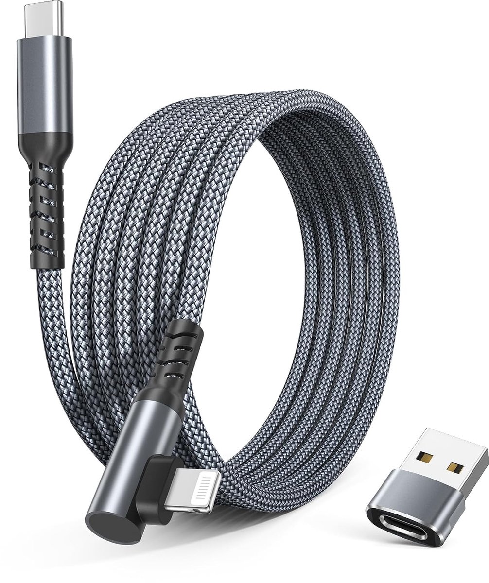 Cable USB C to Lightning Right Angle 1M with USB A Adapter | Quick Charge Cable Type C for iPhone 14/14 Pro/14 Pro Max, iPhone 13/12/11/X/XR/XS/8 Series, iPad 9, AirPods Pro