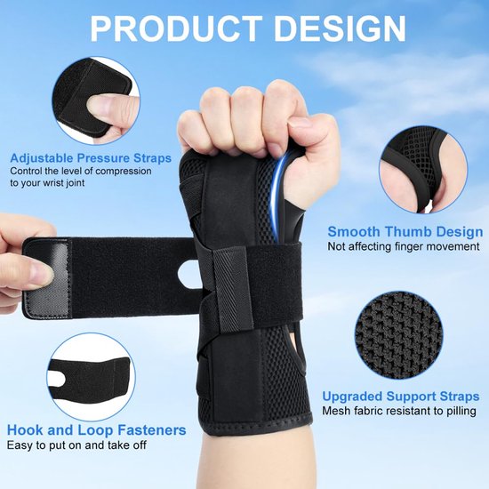 Verstelbare polsbandages met metalen rails en zachte duimopening, polsbandage voor mannen en vrouwen, carpaal tunnel artritis verstuikingen, links, L/XL — afbeelding 4