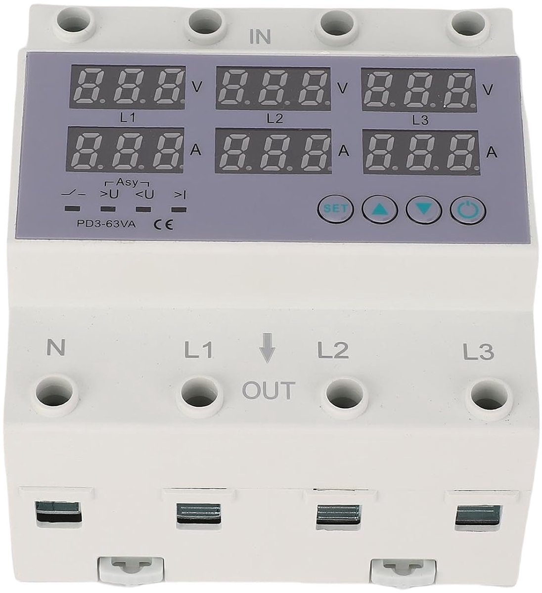 3-fasen DIN-rail Voltmeter Vermogensmeter, AC230-300V Digitale Ampèremeter Automatische Overspanningsoverstroombeveiliging, 3-fasen Watt Kwh Ampère Elektriciteitstester (40A)