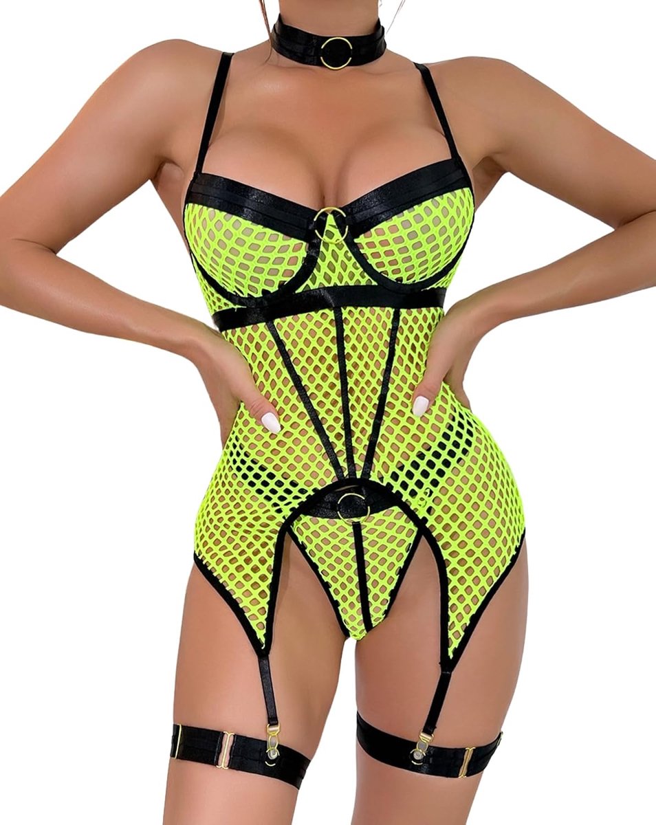 Lingeriesets voor dames, sexy visnet bodysuit met kousen, dij, ronde hals, ondergoed, babydolls zonder kousen