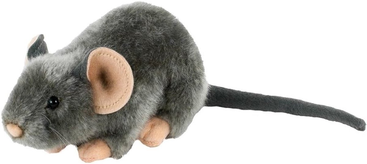 Knuffeldier muis liggend 17 cm (30 cm met staart) grijs pluche dier pluche muis