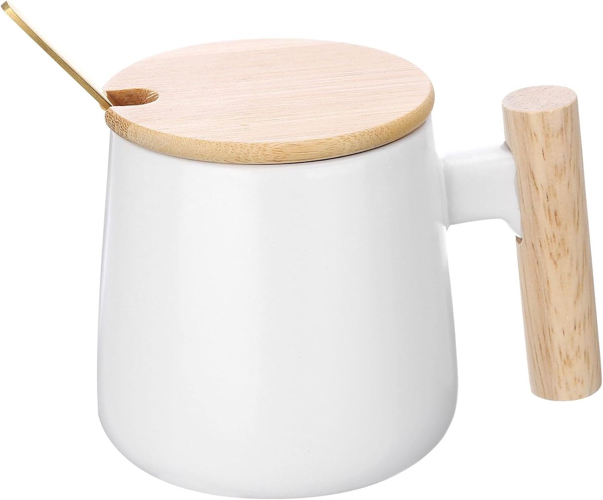 Koffiemok Keramiek 30 ml Houten Handvat Eenvoudige Grote Handgemaakte Keramische Mok Met Deksel En Lepel Voor Kantoor Keuken Thuis En Geschenken Wit