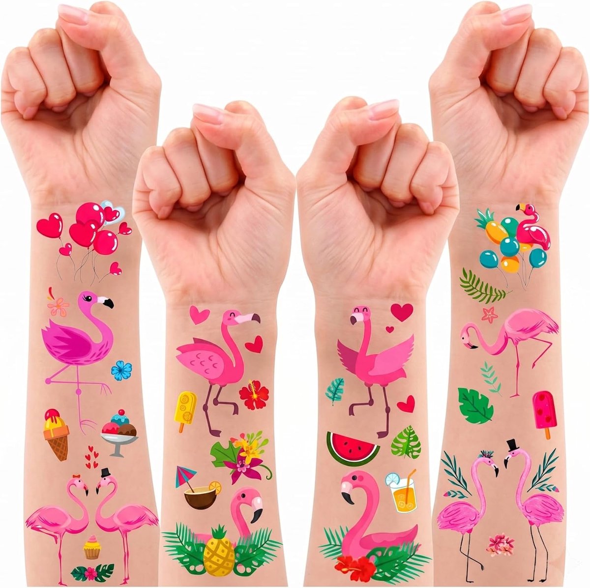 Flamingo-feestdecoraties en accessoires, 10 vellen, tijdelijke tatoeages, feestaccessoires voor kinderen, vrouwen en mannen, Luau, strand, tropisch Hawaï-thema
