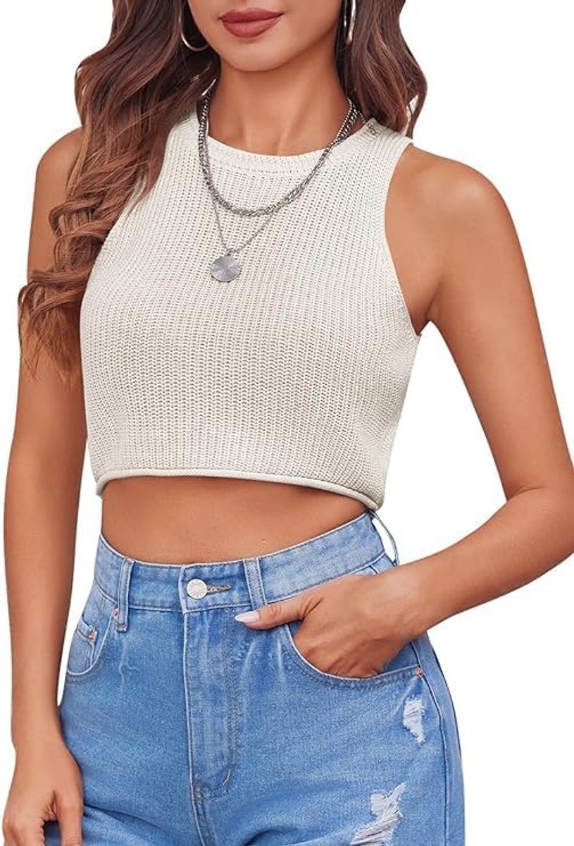 Dames tanktop crop haltertop zomer mouwloos gebreide top racerback slim fit shirts ronde hals basic vest casual knit cami top