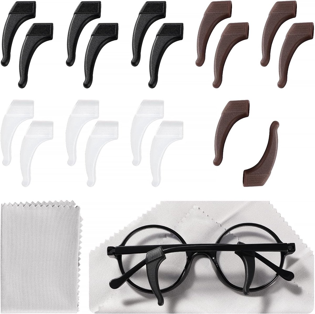 9 Paar 37x10 mm glazen oorgreep, siliconen bril tempelhouder, Antislipbril Tempelhaken, Bril greep achter de oren, met Brildoek, Wit/Zwart/Bruin